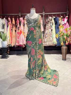 Designer Saree with Black Embellished Blouse and Embroidered Border