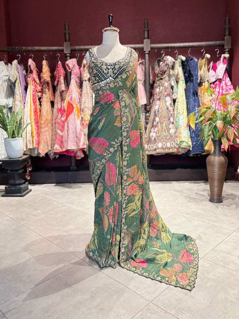 Designer Saree with Black Embellished Blouse and Embroidered Border