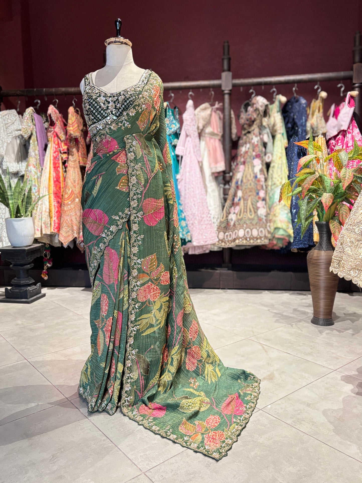Designer Saree with Black Embellished Blouse and Embroidered Border