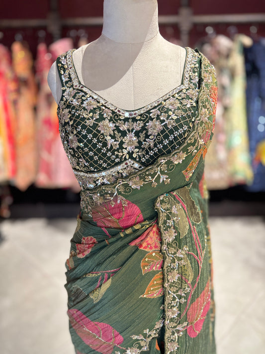 Designer Saree with Black Embellished Blouse and Embroidered Border