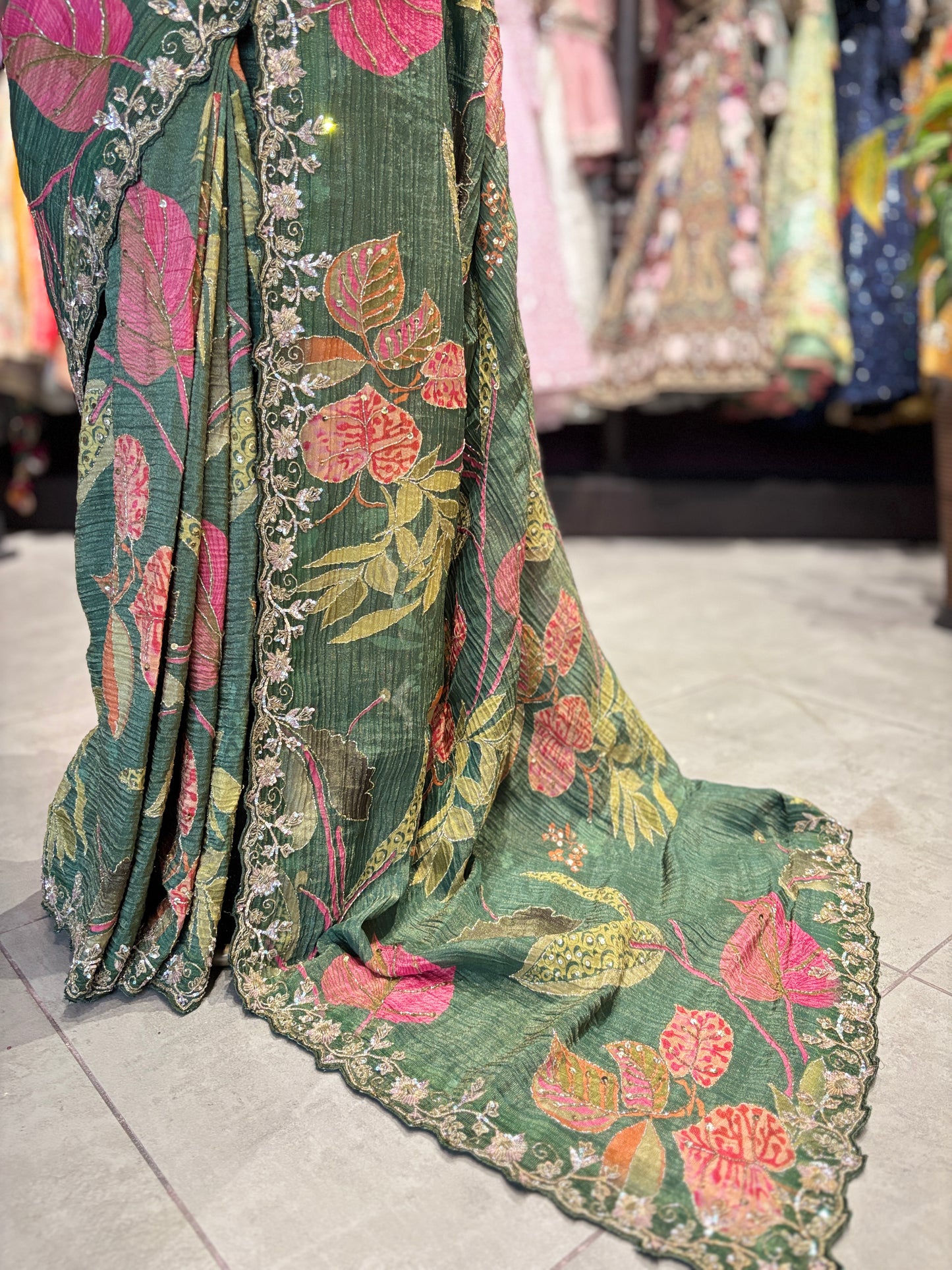 Designer Saree with Black Embellished Blouse and Embroidered Border