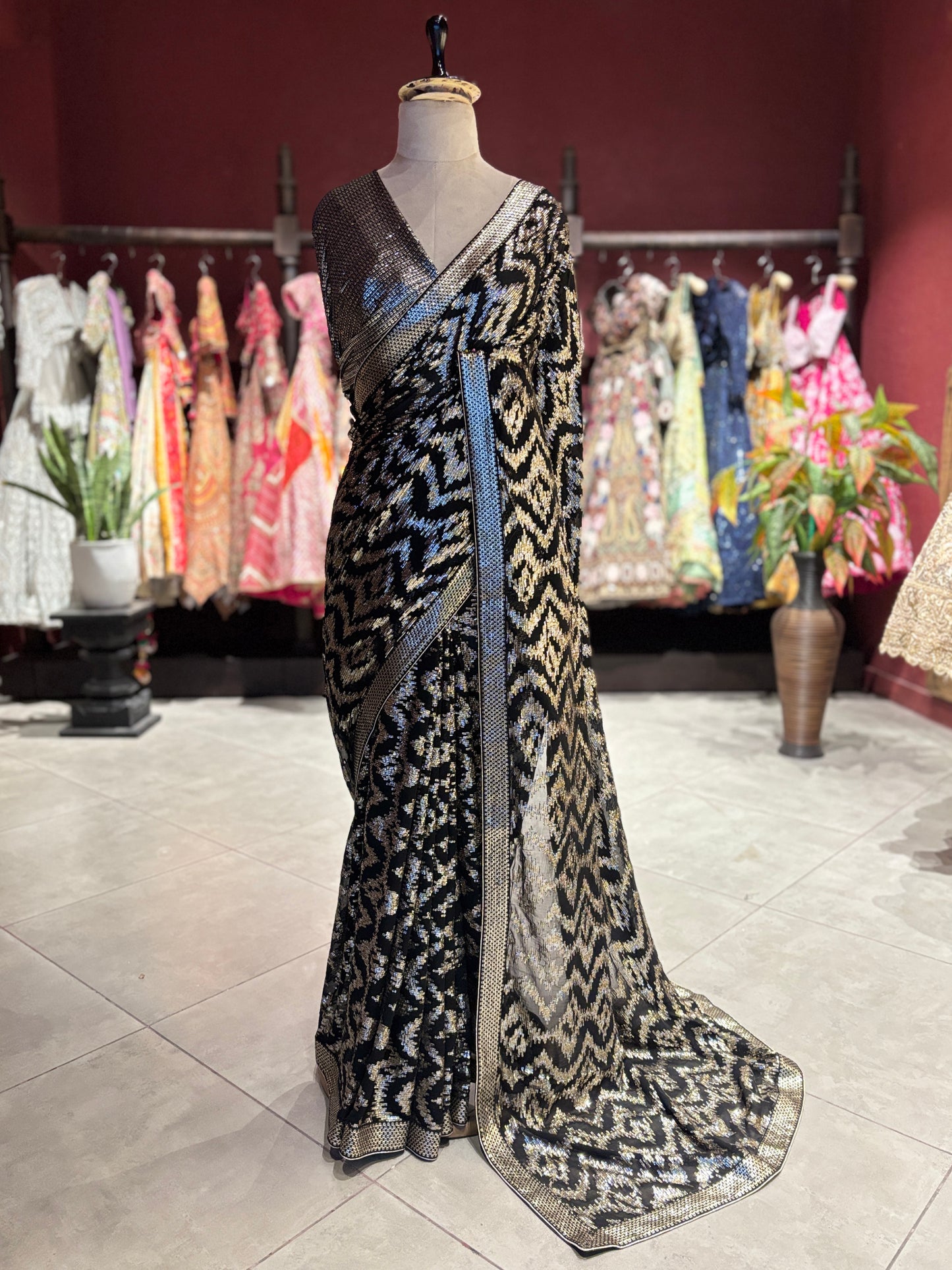Designer Saree with Heavy Embellished Border and Matching Blouse
