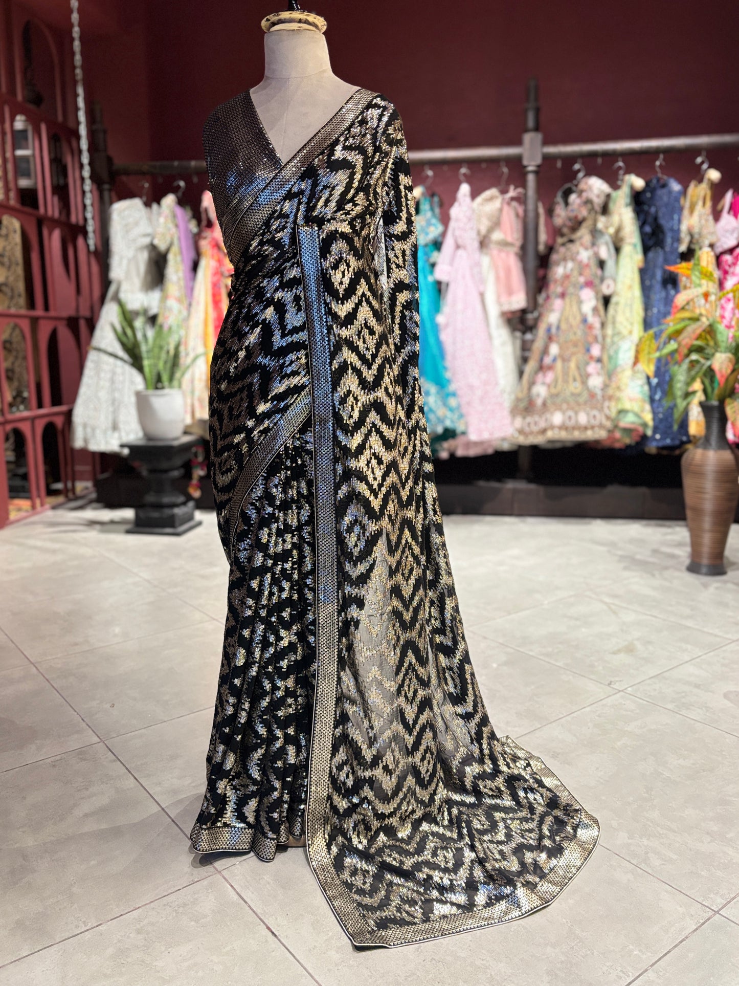 Designer Saree with Heavy Embellished Border and Matching Blouse