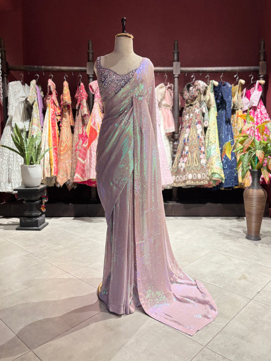 Iridescent Blush Pink Sequin Designer Saree with Embellished Blouse