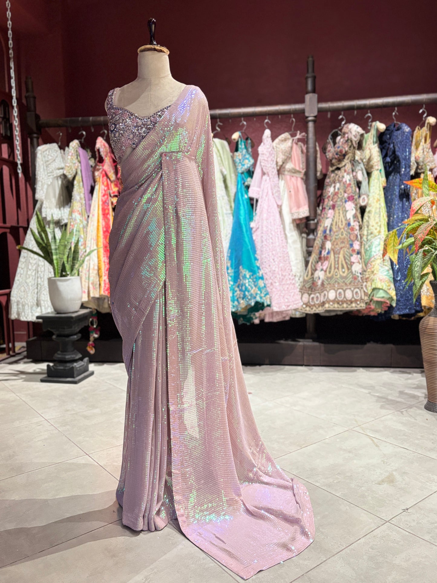 Iridescent Blush Pink Sequin Designer Saree with Embellished Blouse
