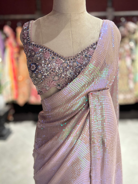 Iridescent Blush Pink Sequin Designer Saree with Embellished Blouse
