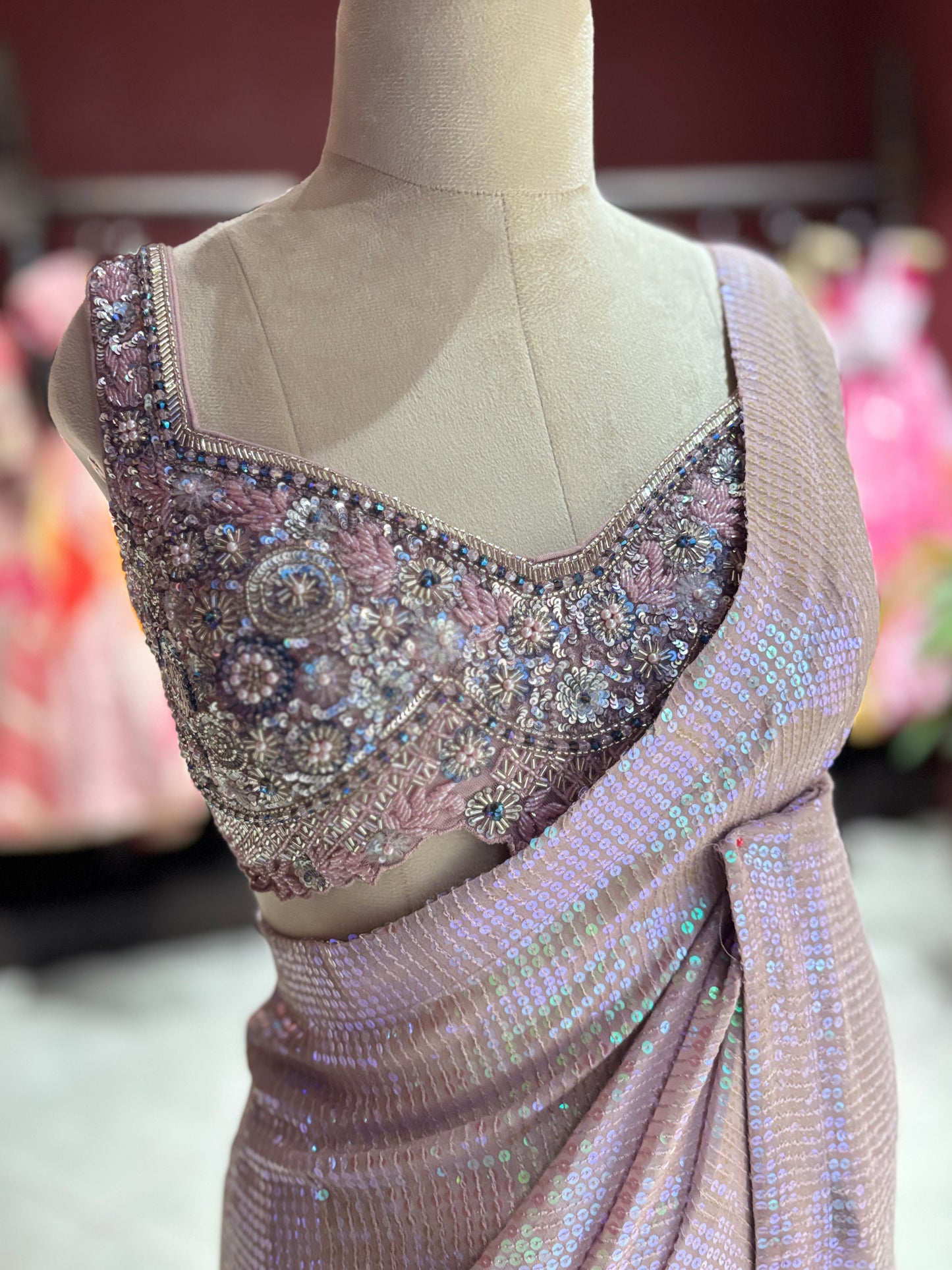 Iridescent Blush Pink Sequin Designer Saree with Embellished Blouse