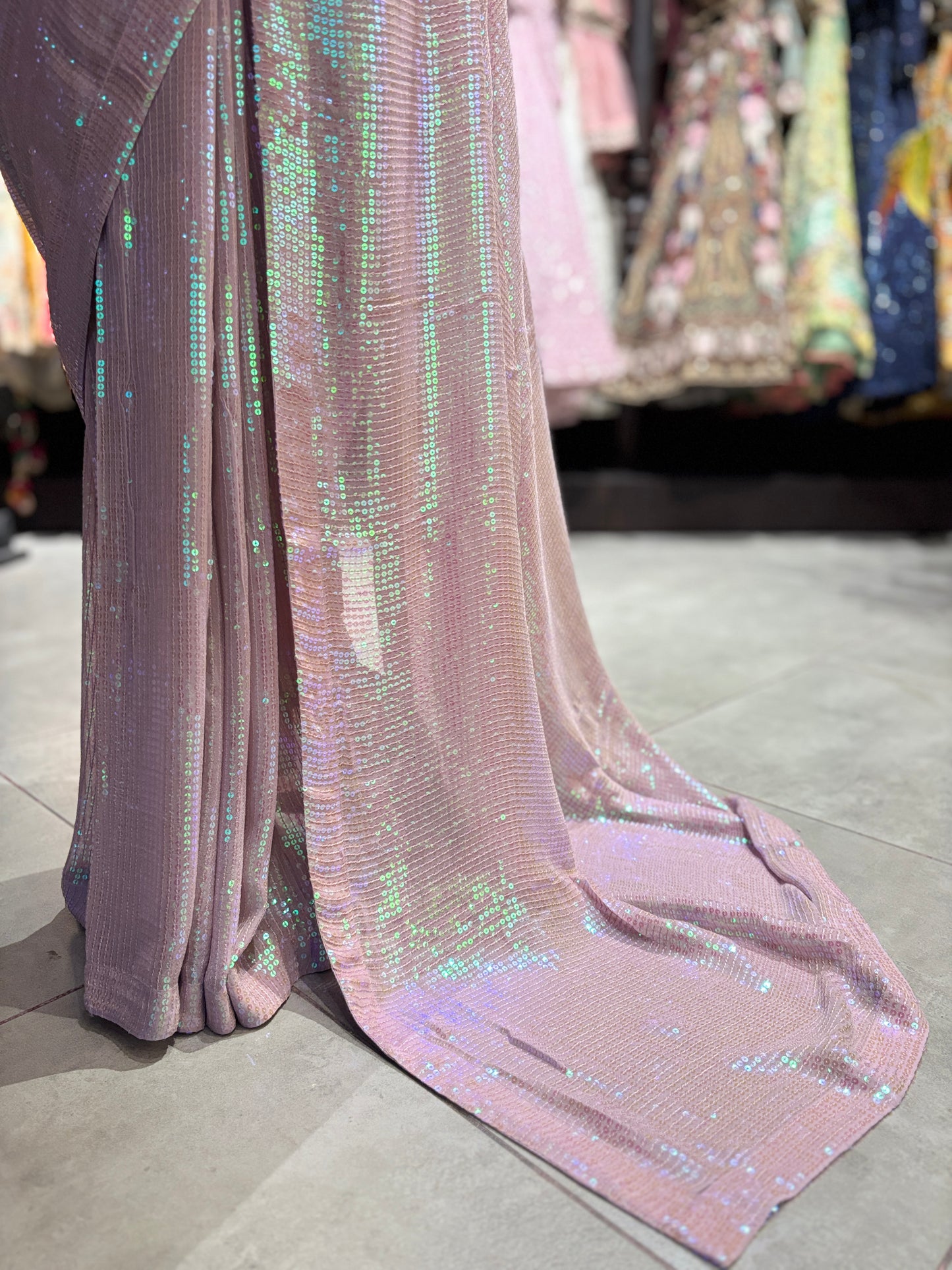 Iridescent Blush Pink Sequin Designer Saree with Embellished Blouse