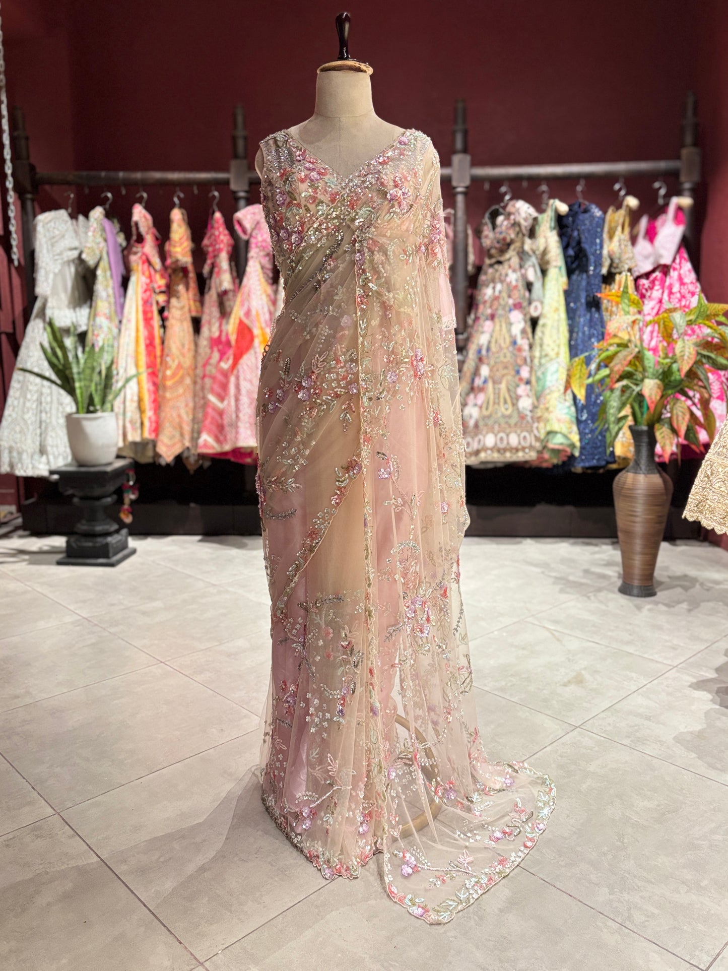 Net Designer Saree with Floral Embroidery and Embellished Blouse
