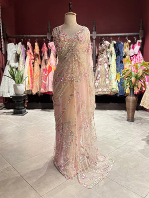 Net Designer Saree with Floral Embroidery and Embellished Blouse