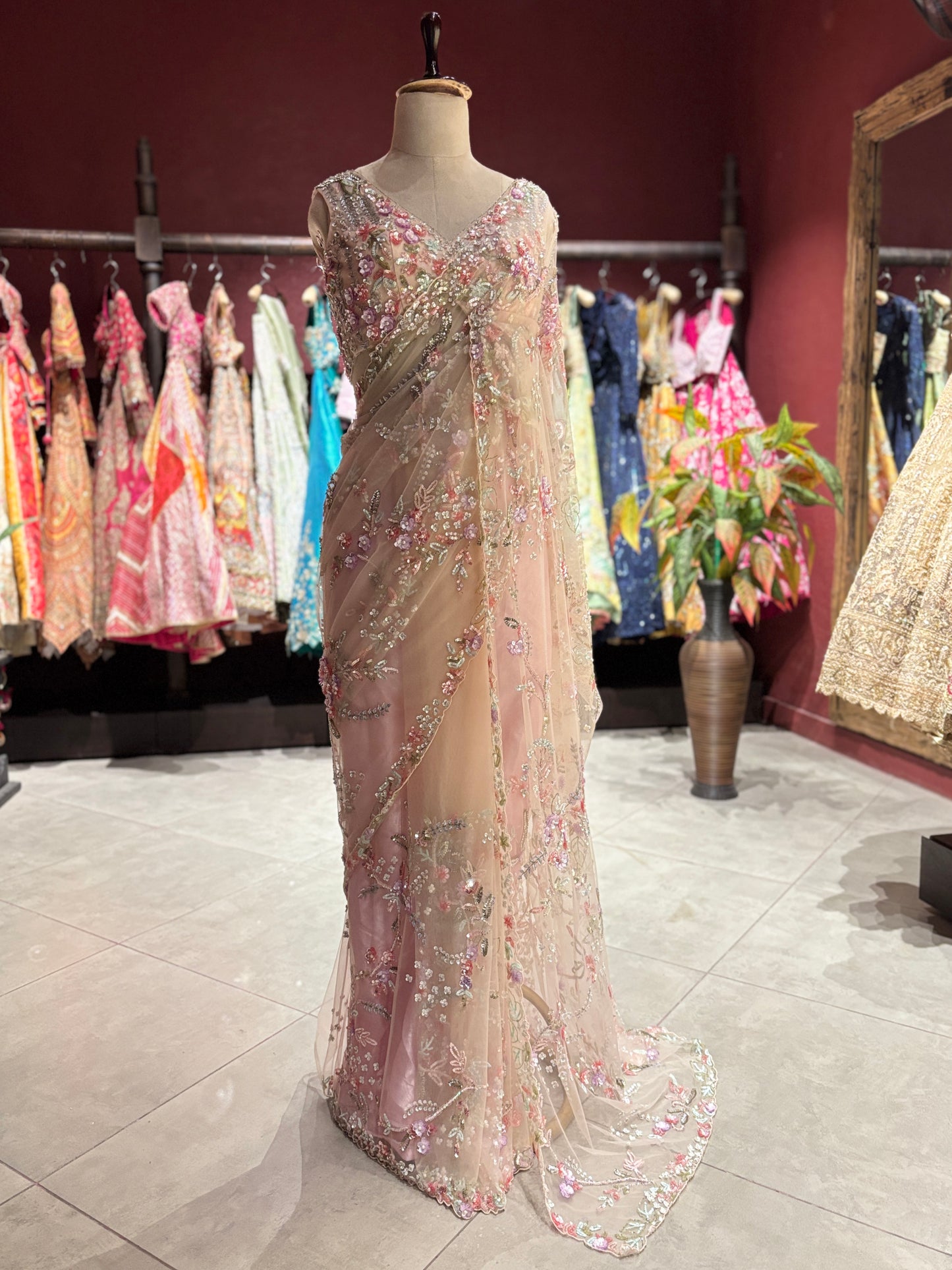 Net Designer Saree with Floral Embroidery and Embellished Blouse