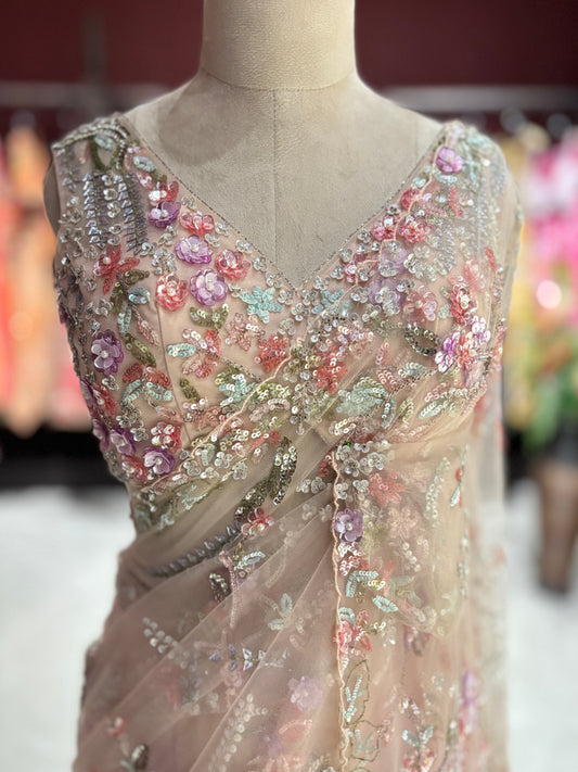 Net Designer Saree with Floral Embroidery and Embellished Blouse
