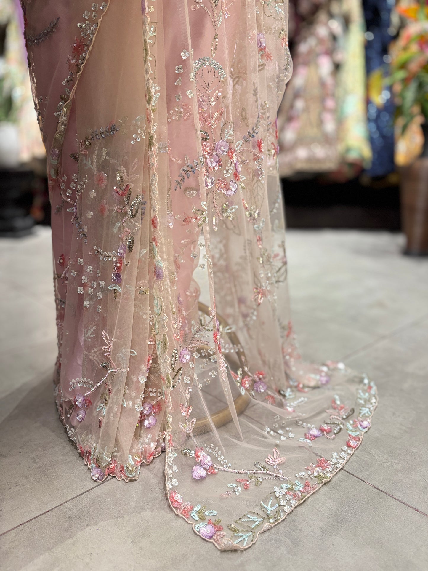 Net Designer Saree with Floral Embroidery and Embellished Blouse