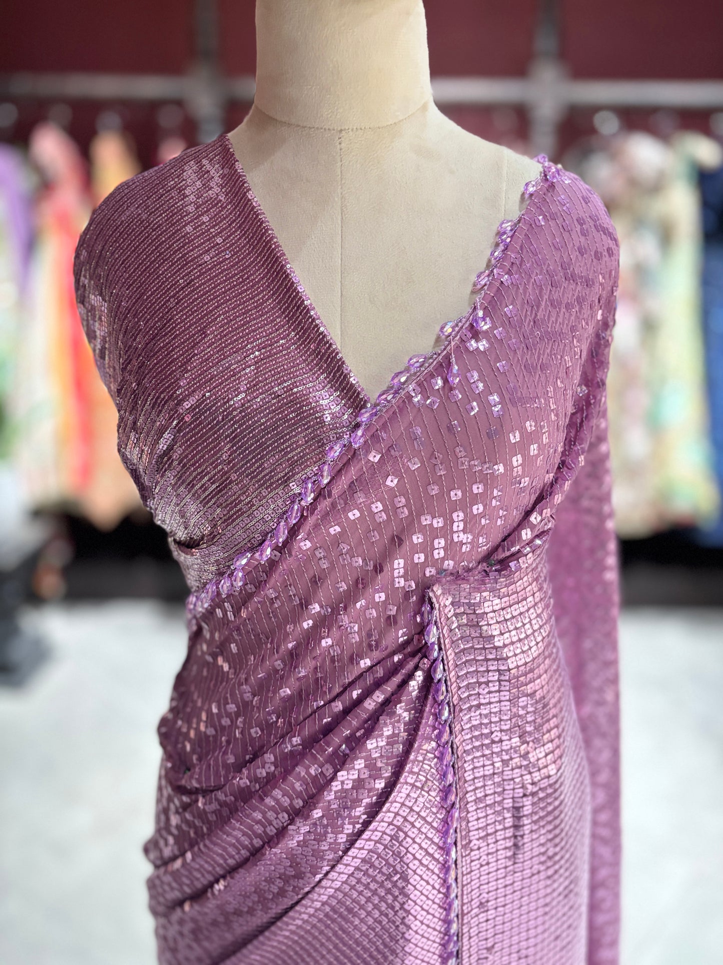 Mauve Purple Sequin Designer Saree with Premium Shimmer Drape