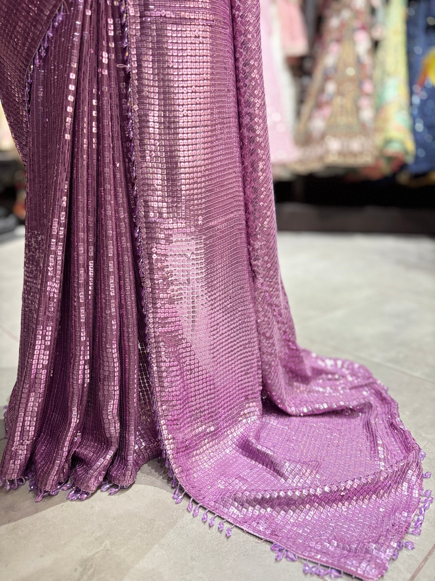 Mauve Purple Sequin Designer Saree with Premium Shimmer Drape