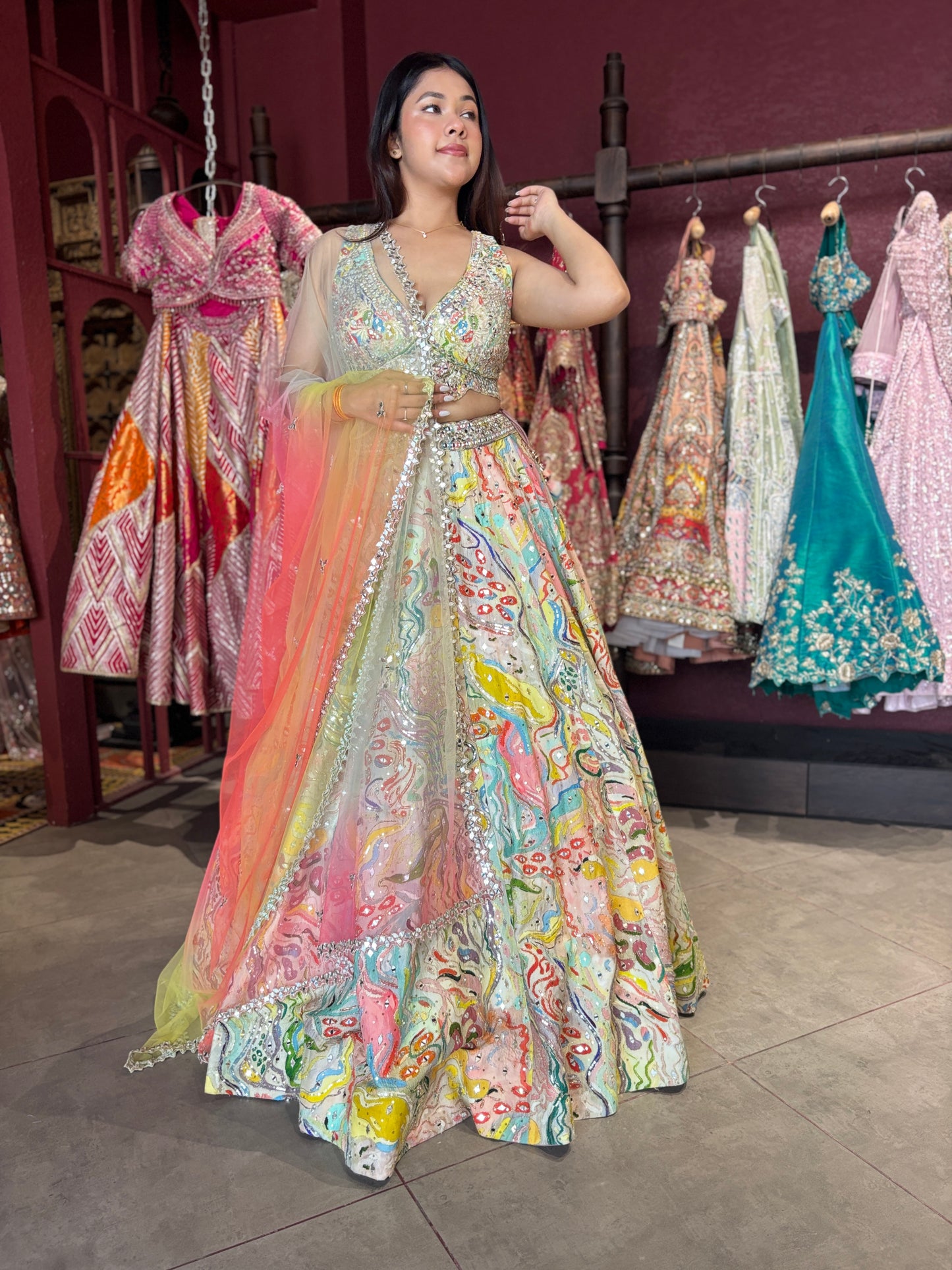 Multicolor Abstract Lehenga with Sweetheart Neckline Blouse