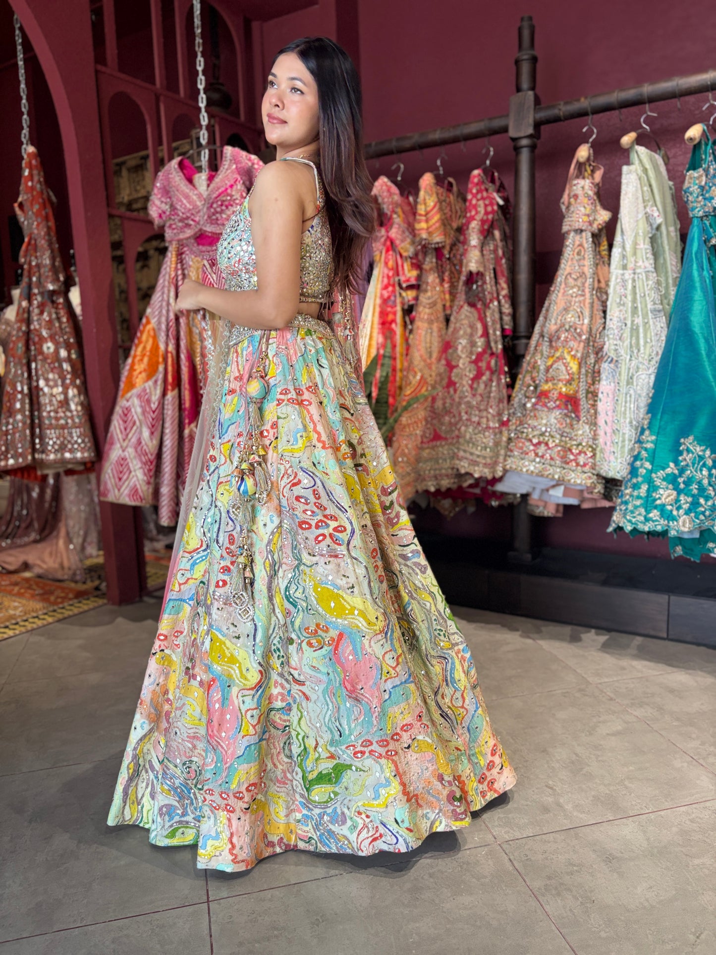 Multicolor Abstract Lehenga with Sweetheart Neckline Blouse