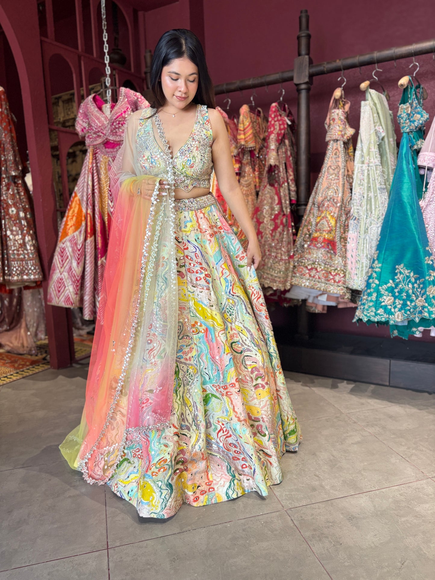 Multicolor Abstract Lehenga with Sweetheart Neckline Blouse