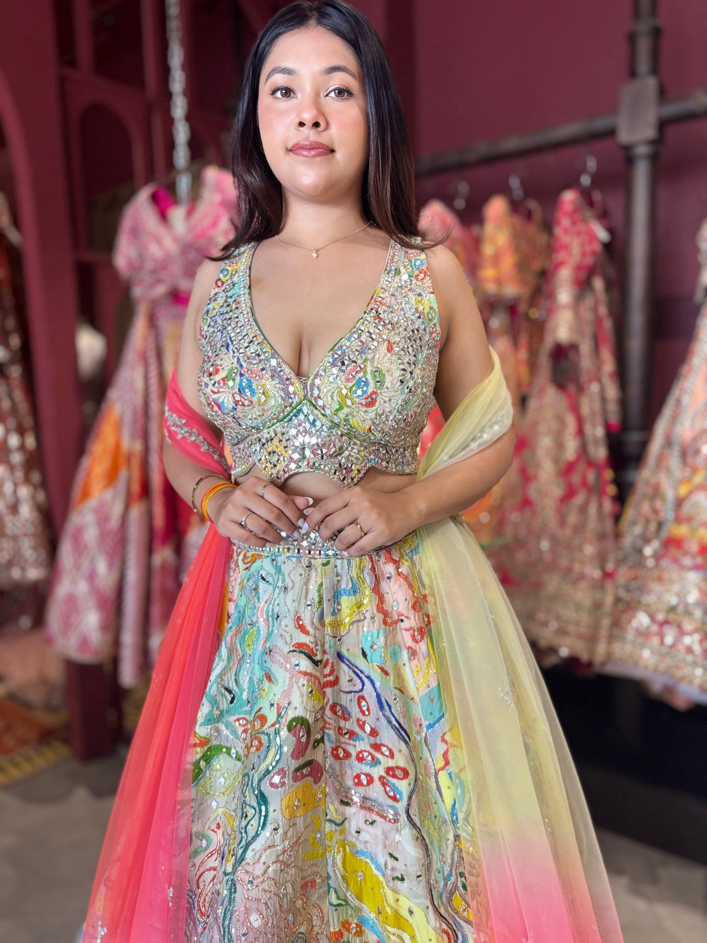 Multicolor Abstract Lehenga with Sweetheart Neckline Blouse