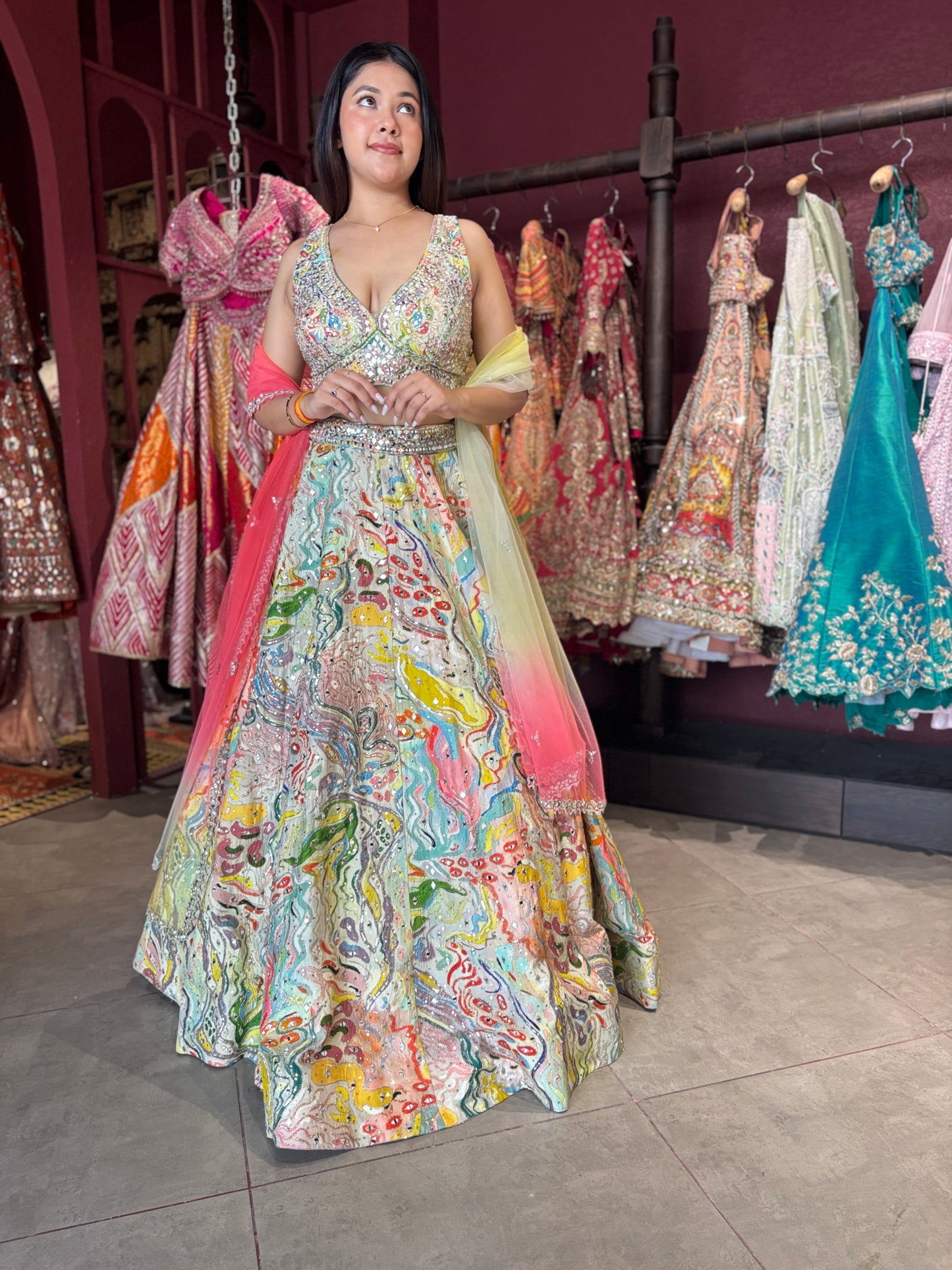 Multicolor Abstract Lehenga with Sweetheart Neckline Blouse