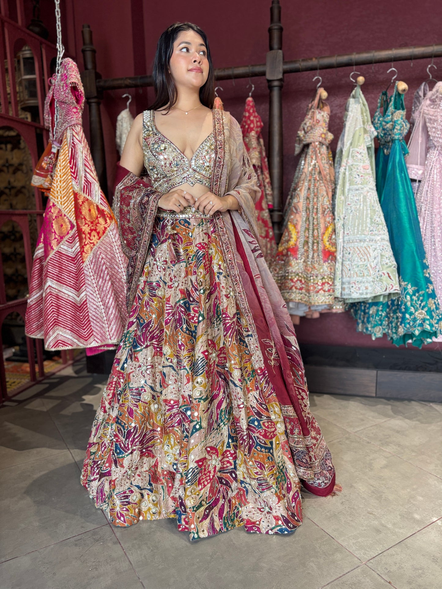 Multicolor Mirror & Bead Embellished Lehenga with Heavy Dupatta