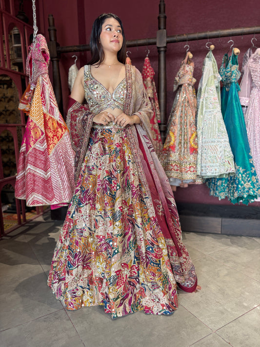 Multicolor Mirror & Bead Embellished Lehenga with Heavy Dupatta