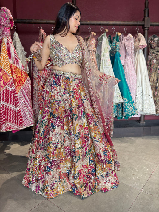 Multicolor Mirror & Bead Embellished Lehenga with Heavy Dupatta