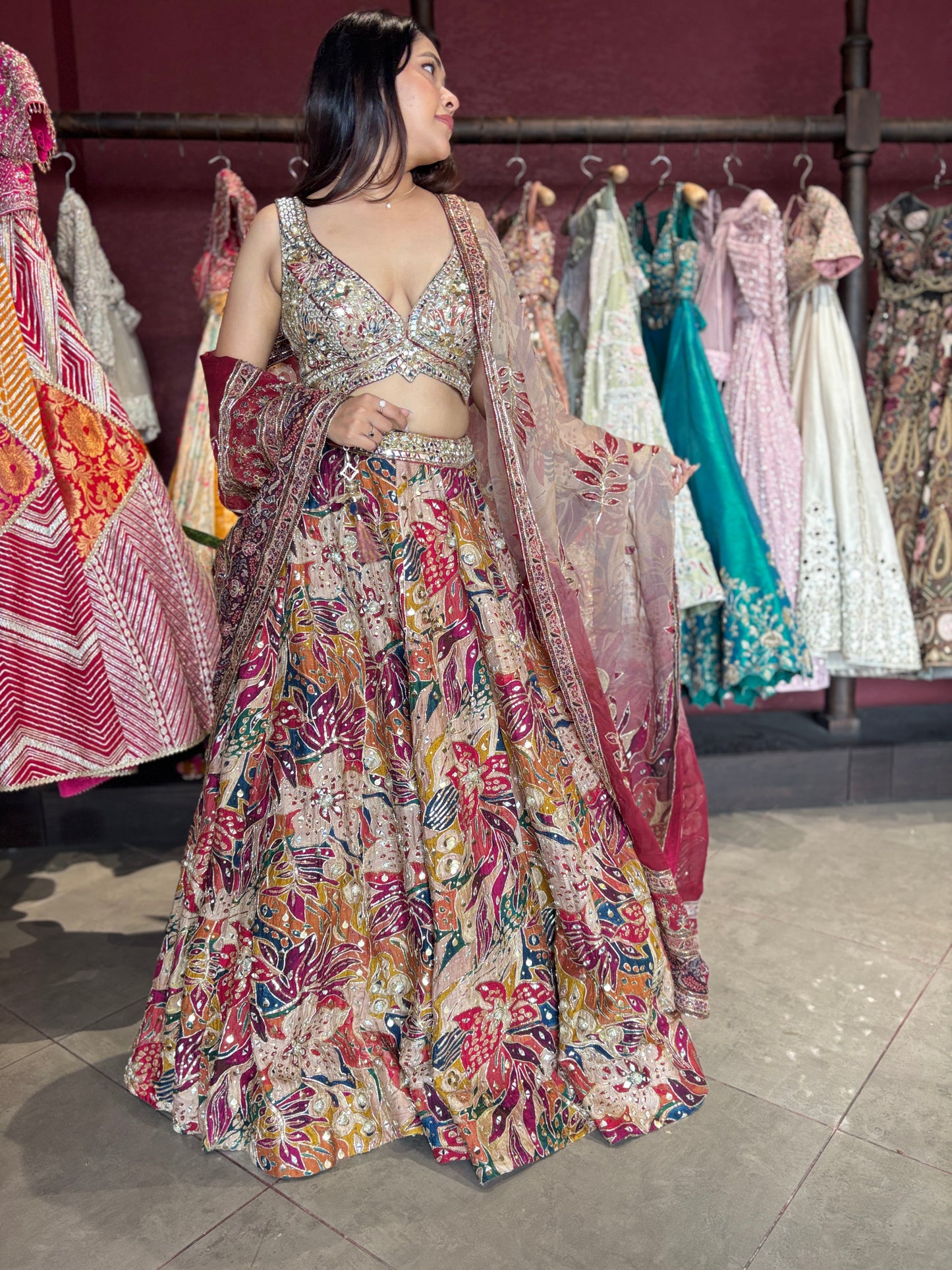 Multicolor Mirror & Bead Embellished Lehenga with Heavy Dupatta
