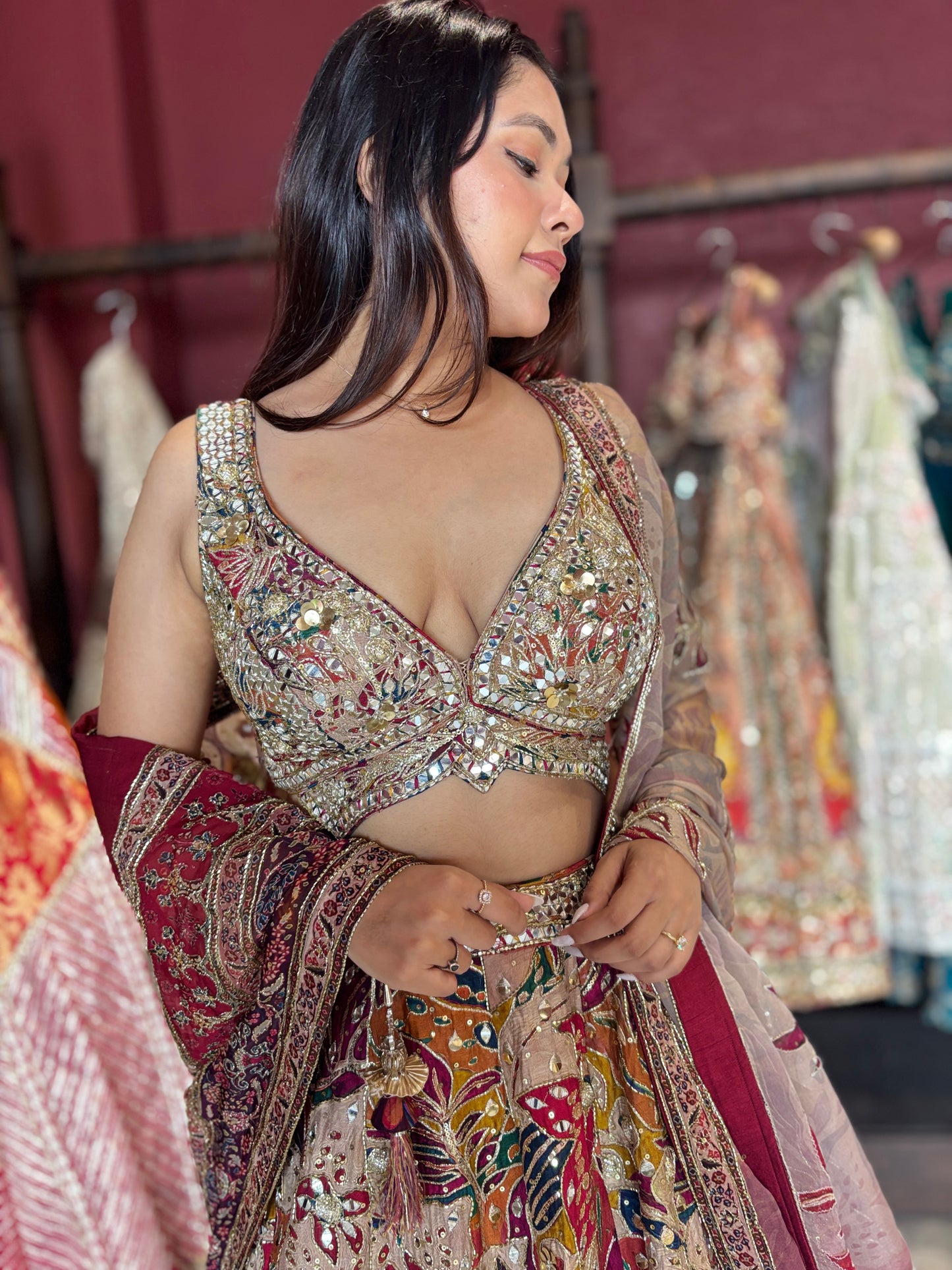 Multicolor Mirror & Bead Embellished Lehenga with Heavy Dupatta