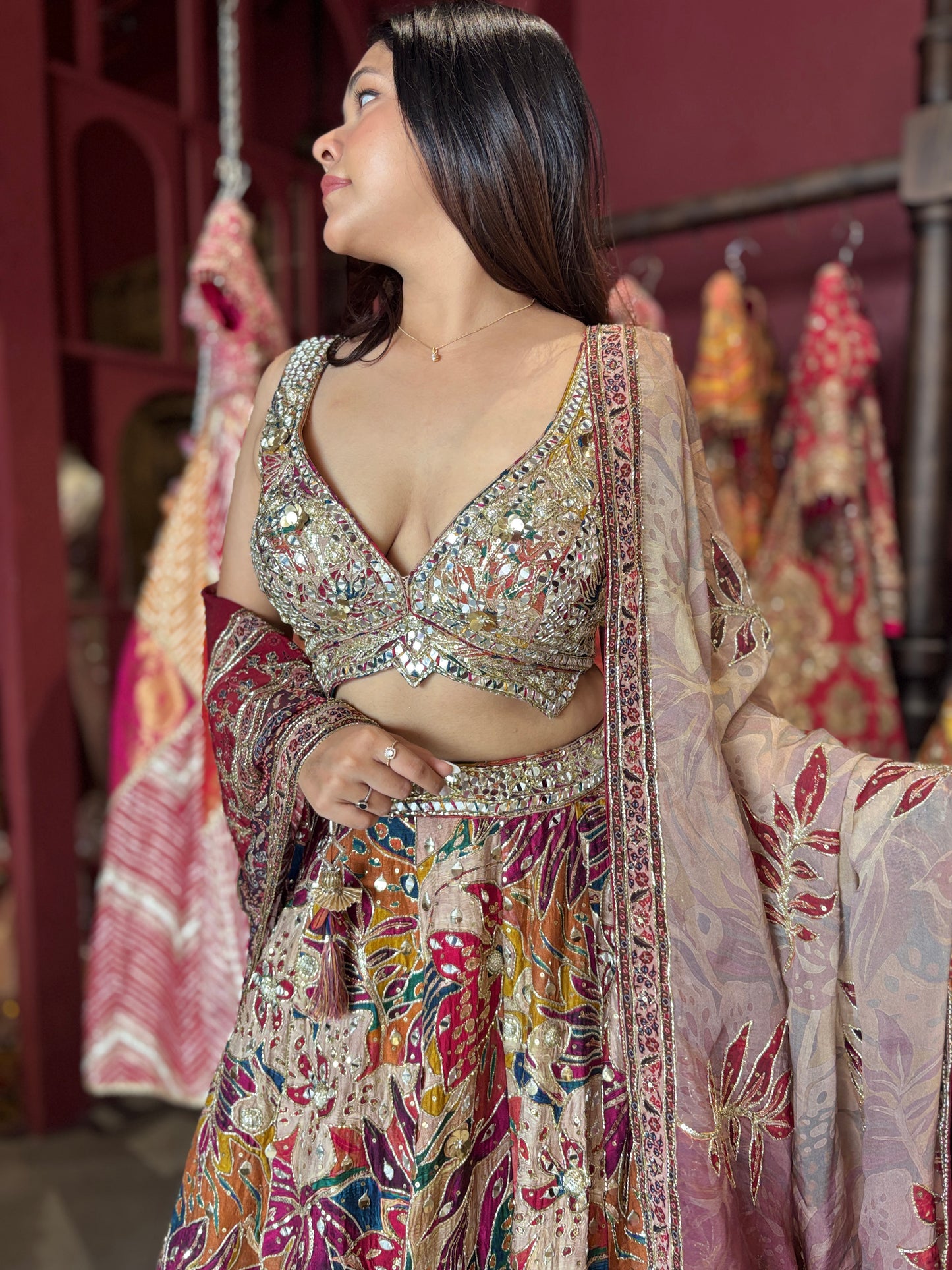 Multicolor Mirror & Bead Embellished Lehenga with Heavy Dupatta