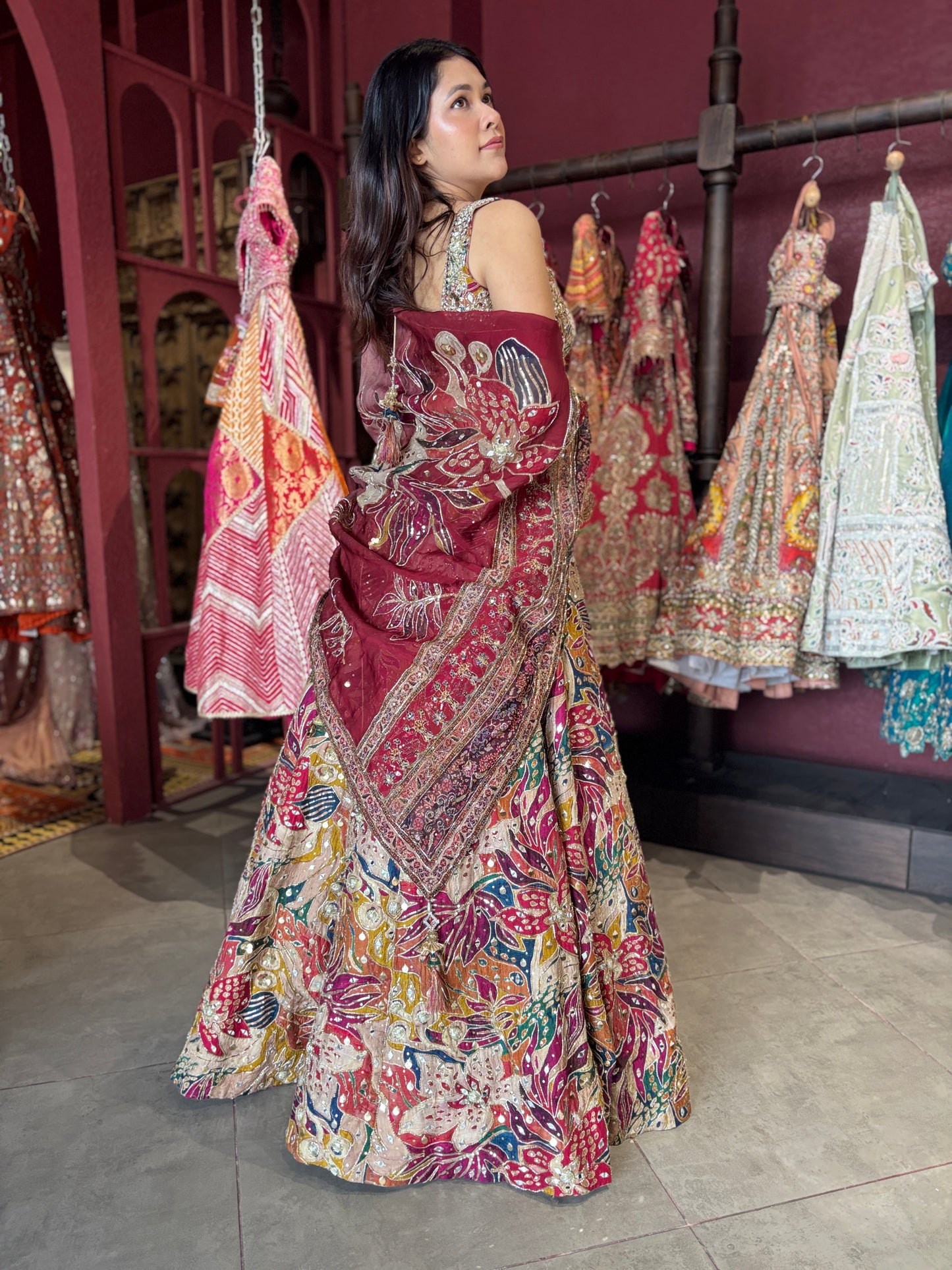 Multicolor Mirror & Bead Embellished Lehenga with Heavy Dupatta