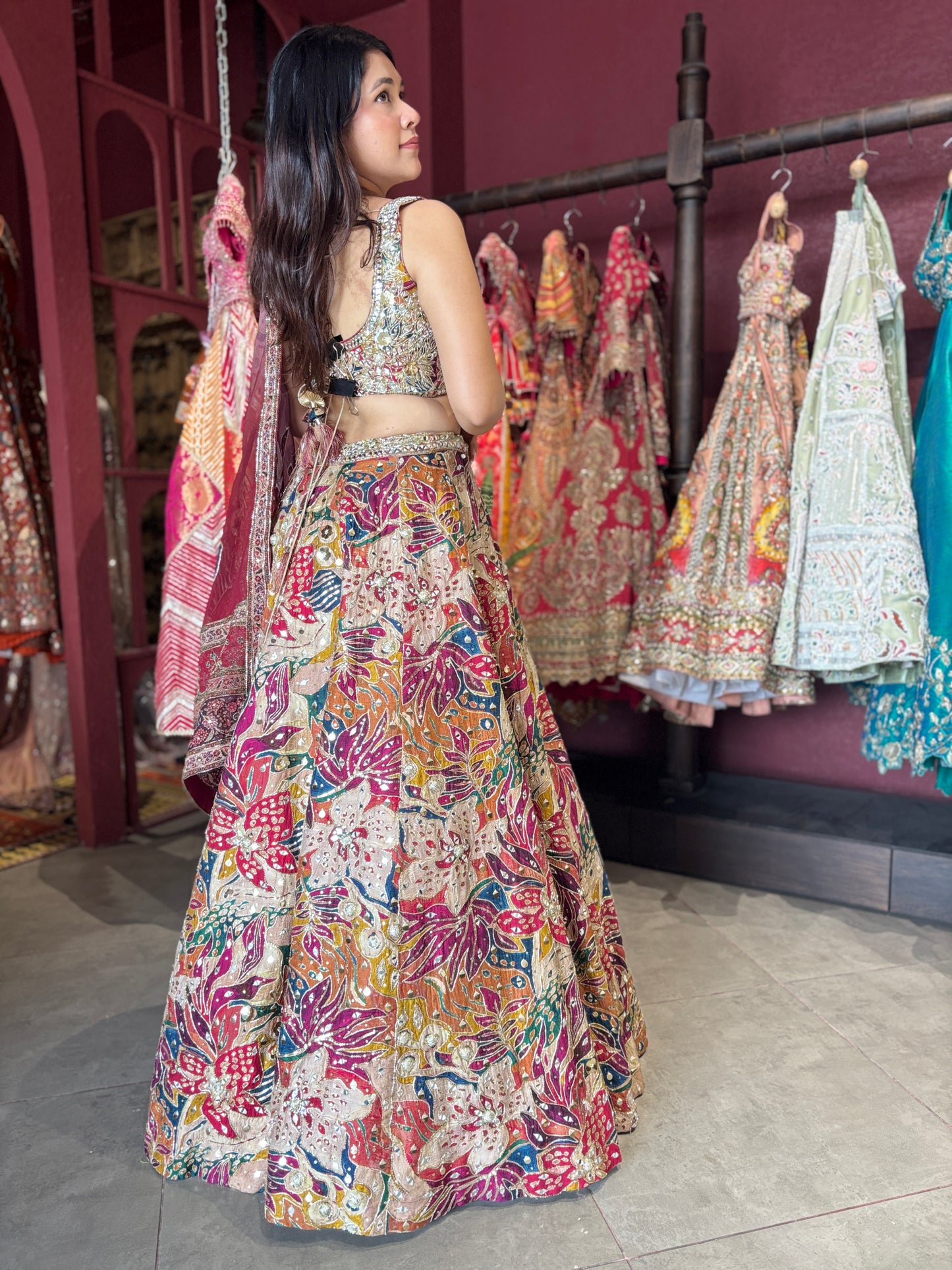 Multicolor Mirror & Bead Embellished Lehenga with Heavy Dupatta