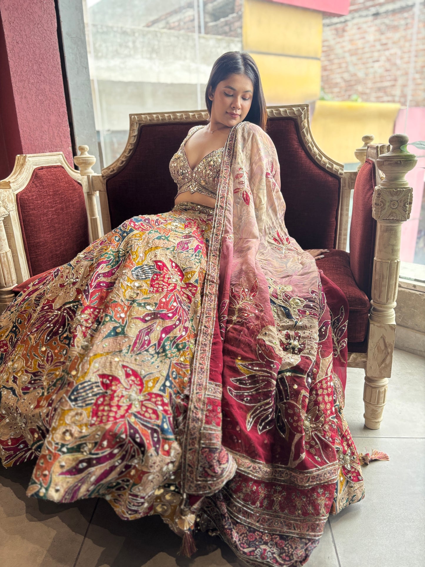 Multicolor Mirror & Bead Embellished Lehenga with Heavy Dupatta