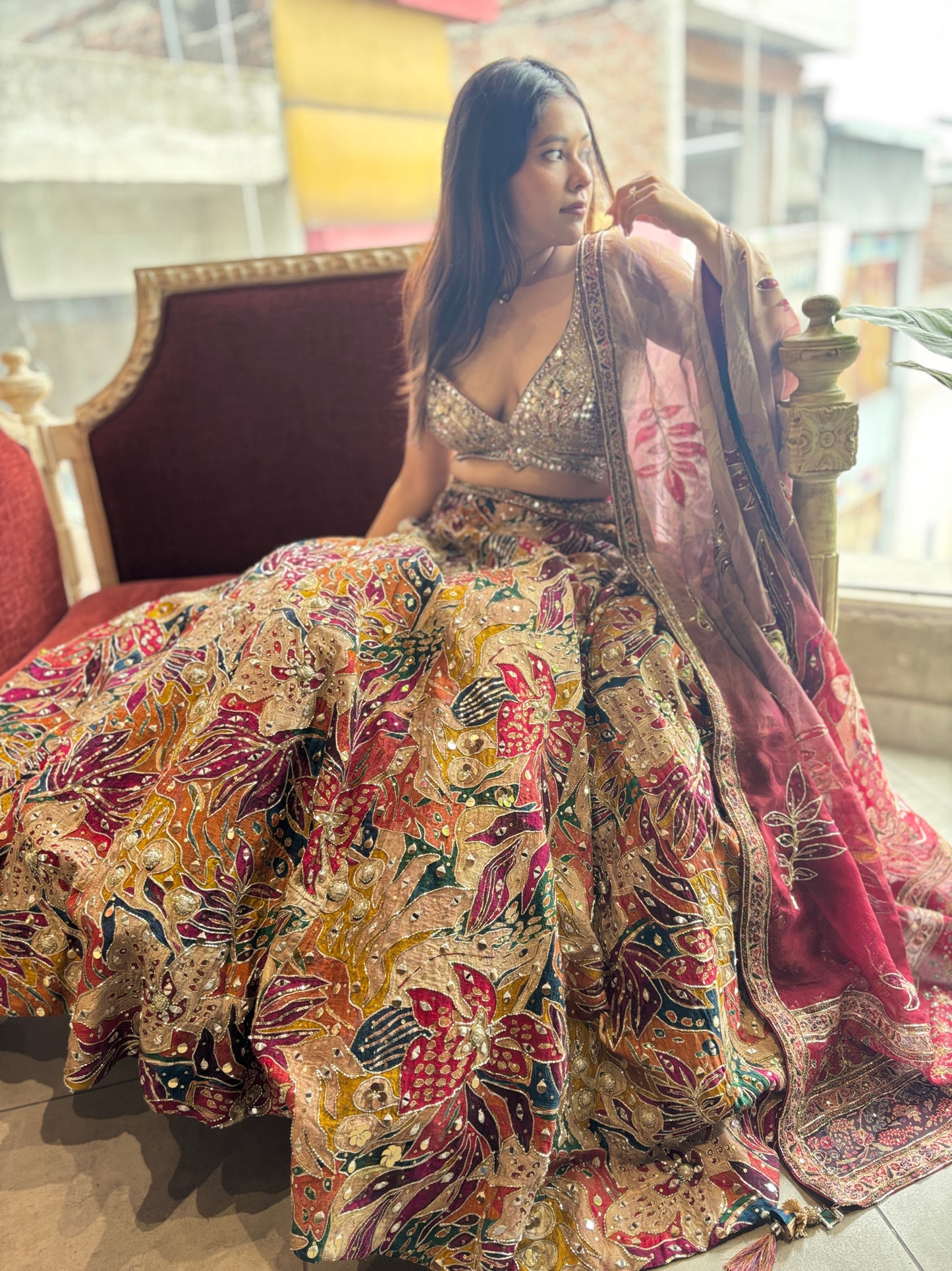 Multicolor Mirror & Bead Embellished Lehenga with Heavy Dupatta