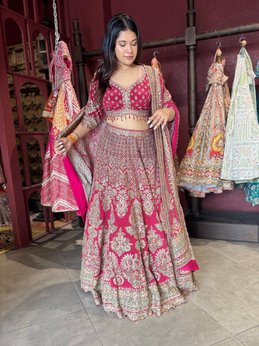 Rani Pink Heavy Zari Embroidered Designer Lehenga Set