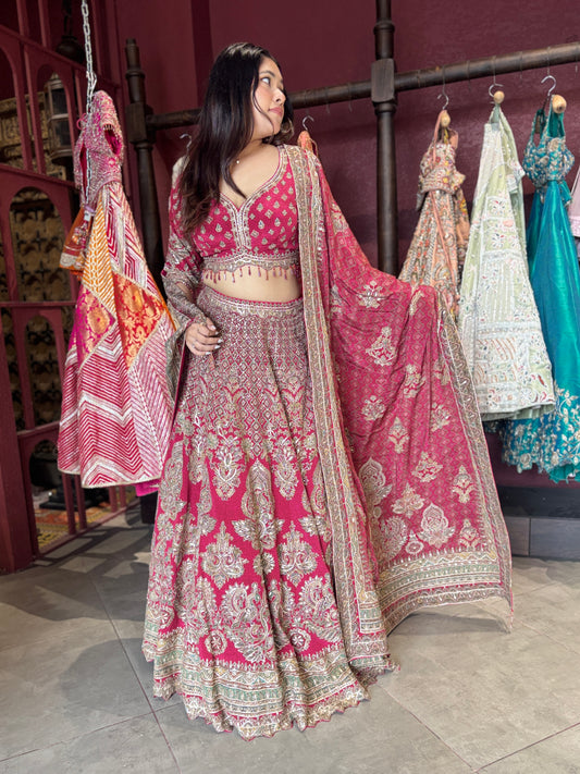 Rani Pink Heavy Zari Embroidered Designer Lehenga Set
