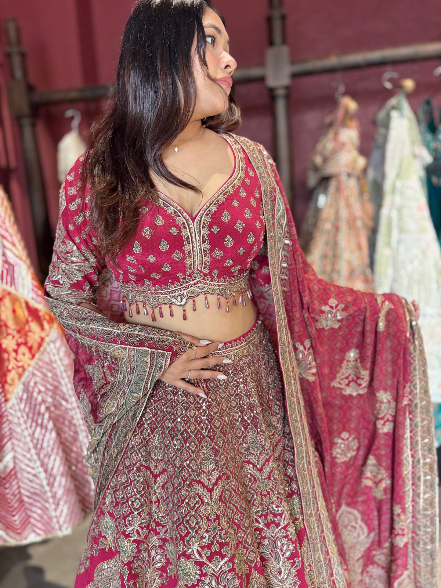 Rani Pink Heavy Zari Embroidered Designer Lehenga Set