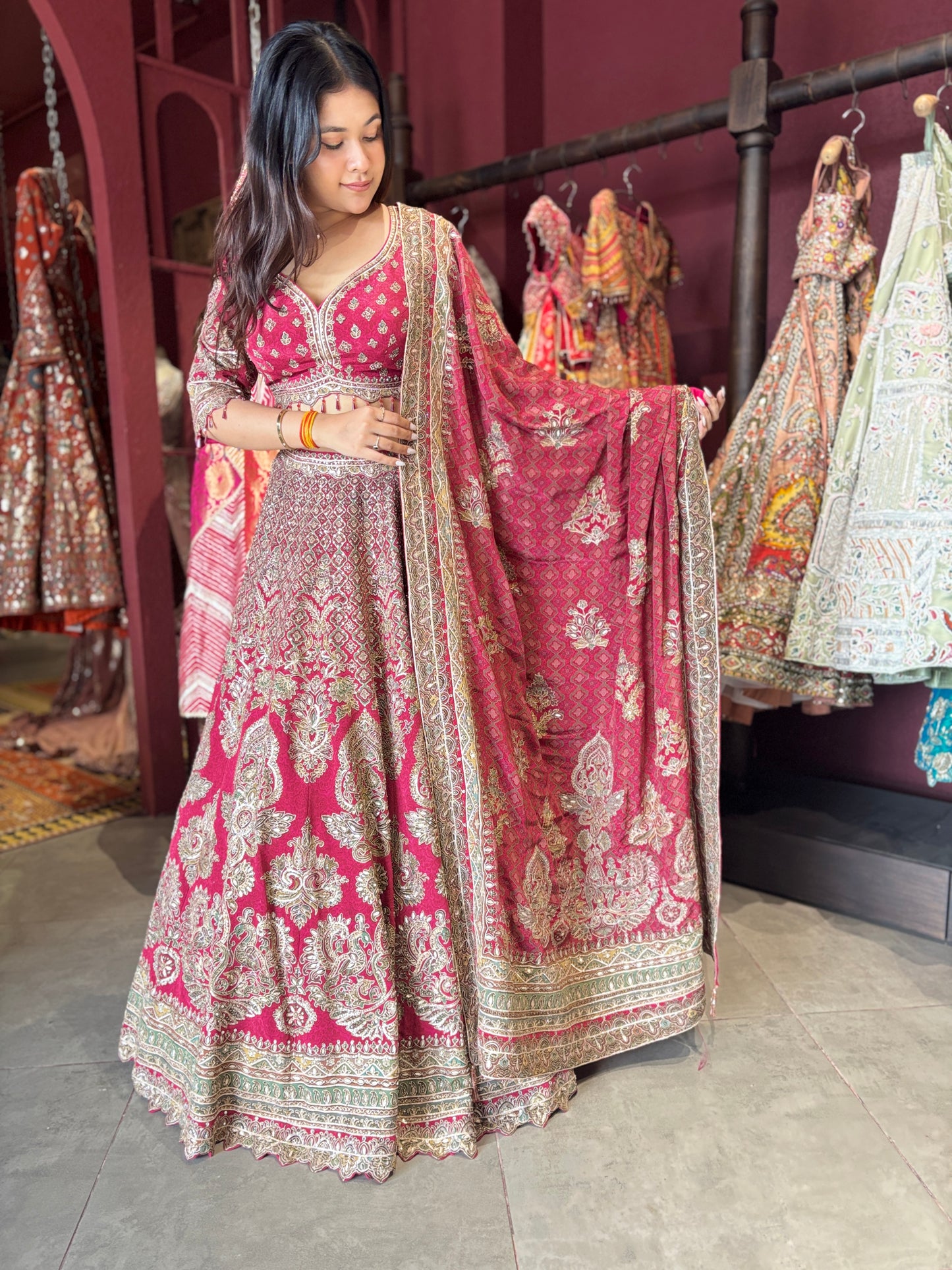 Rani Pink Heavy Zari Embroidered Designer Lehenga Set