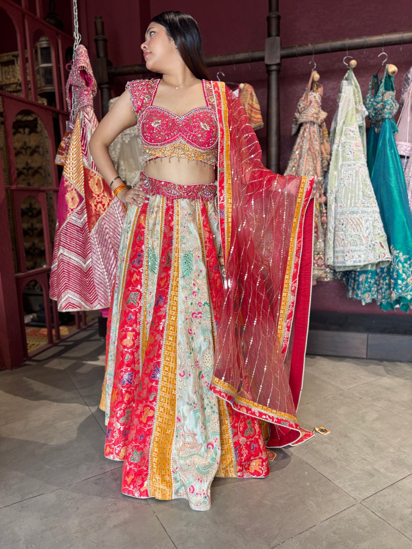 Grand Multihued Panelled Lehenga with Beadwork & Heritage Motifs