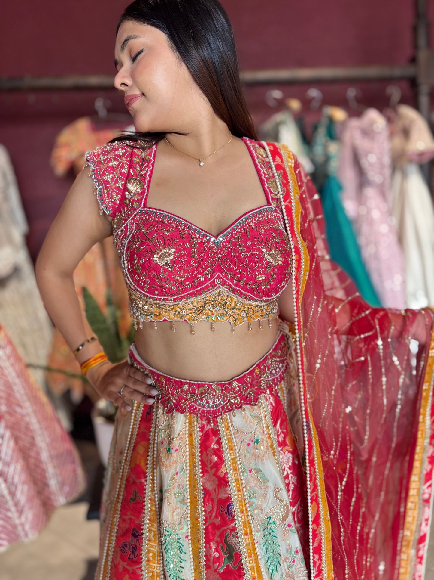 Grand Multihued Panelled Lehenga with Beadwork & Heritage Motifs