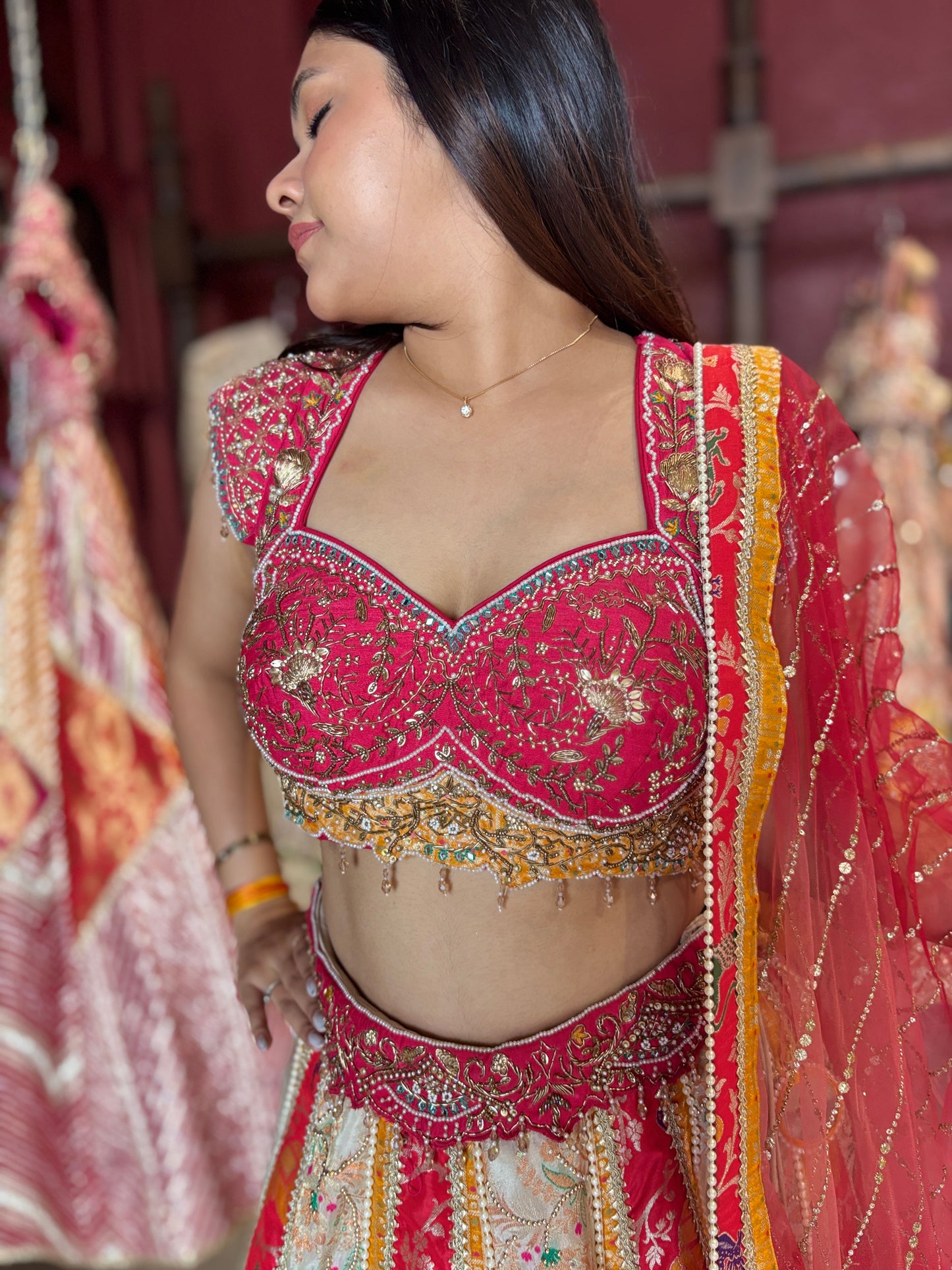 Grand Multihued Panelled Lehenga with Beadwork & Heritage Motifs
