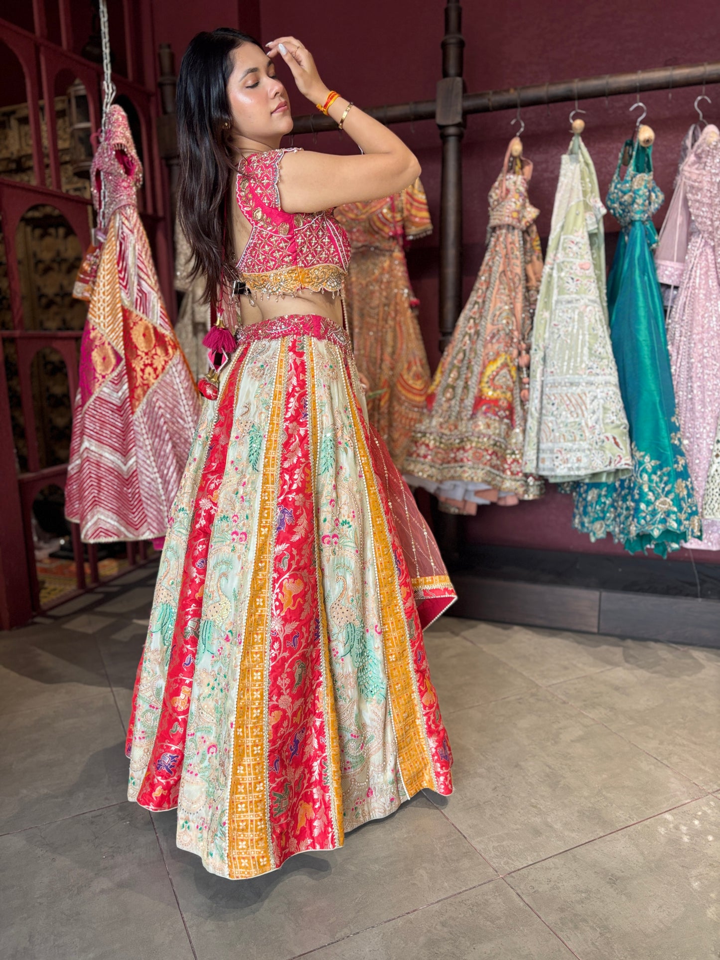 Grand Multihued Panelled Lehenga with Beadwork & Heritage Motifs