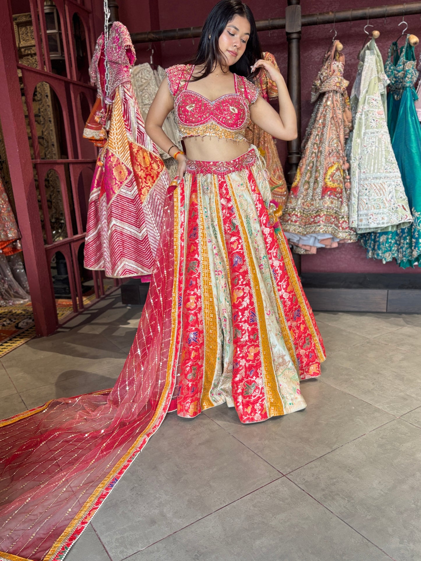 Grand Multihued Panelled Lehenga with Beadwork & Heritage Motifs