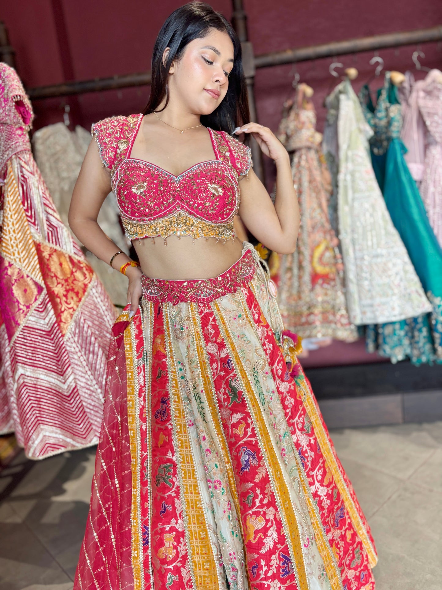 Grand Multihued Panelled Lehenga with Beadwork & Heritage Motifs