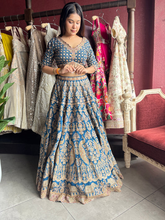 Royal Blue Heavy Zari Embroidered Designer Lehenga Set