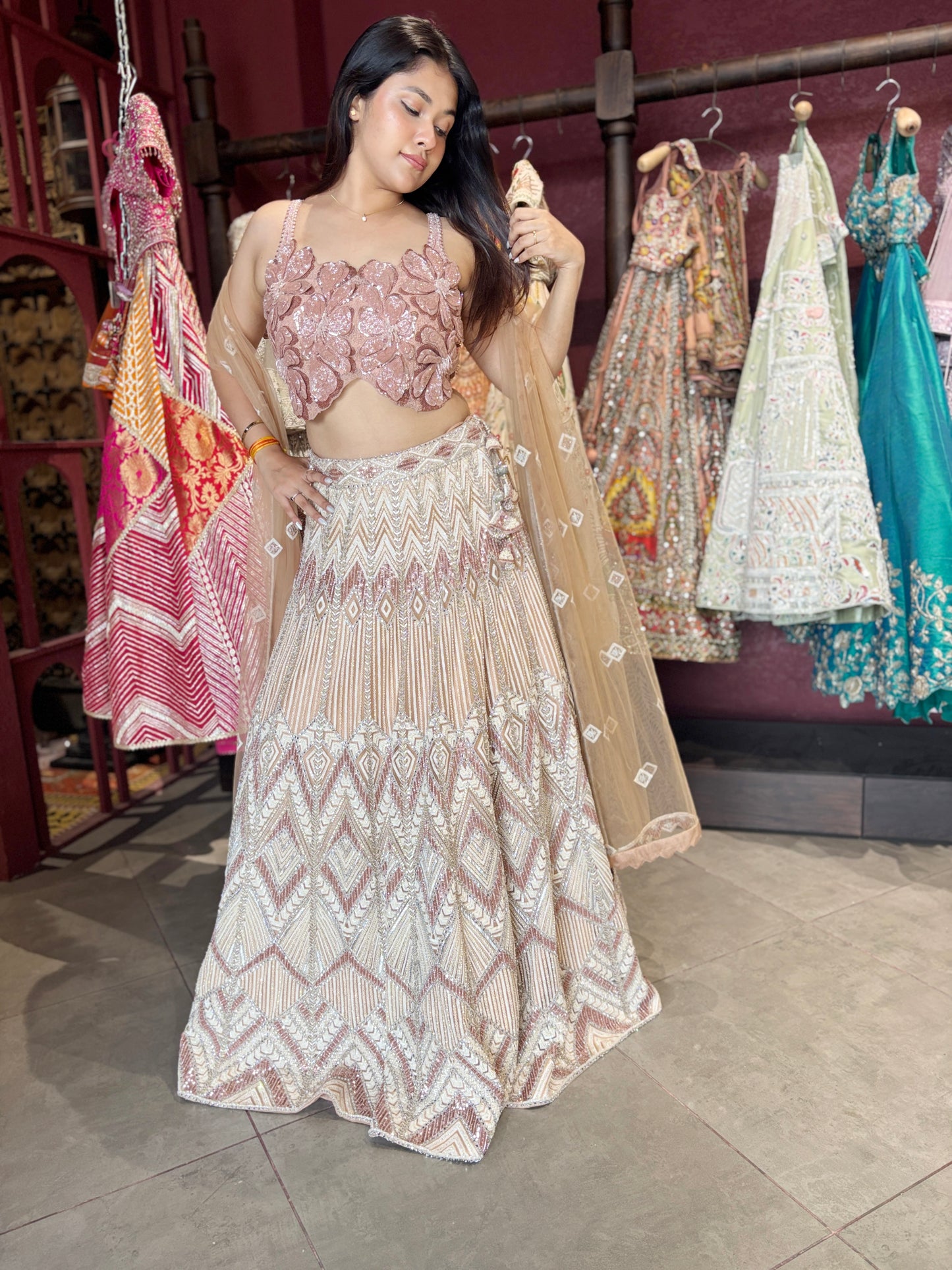 Blush Rose Gold Geometric Embroidered Designer Lehenga Set