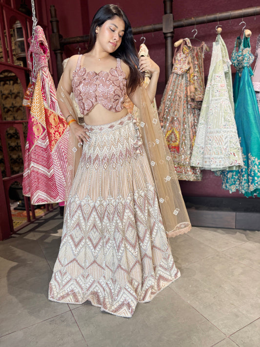 Blush Rose Gold Geometric Embroidered Designer Lehenga Set