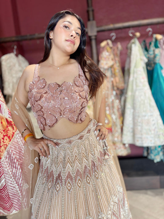 Blush Rose Gold Geometric Embroidered Designer Lehenga Set