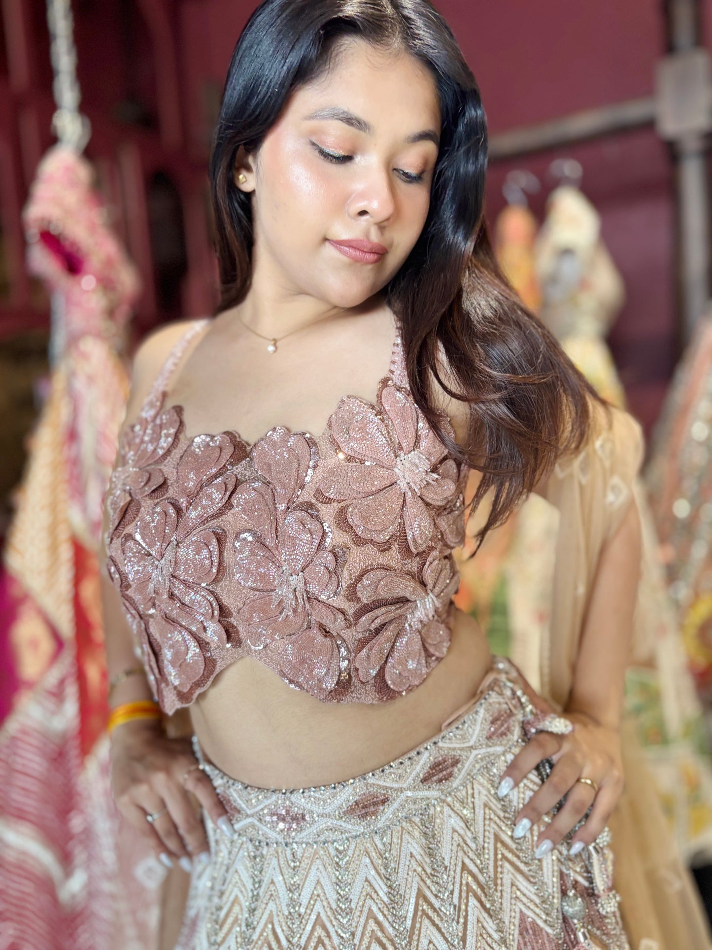 Blush Rose Gold Geometric Embroidered Designer Lehenga Set