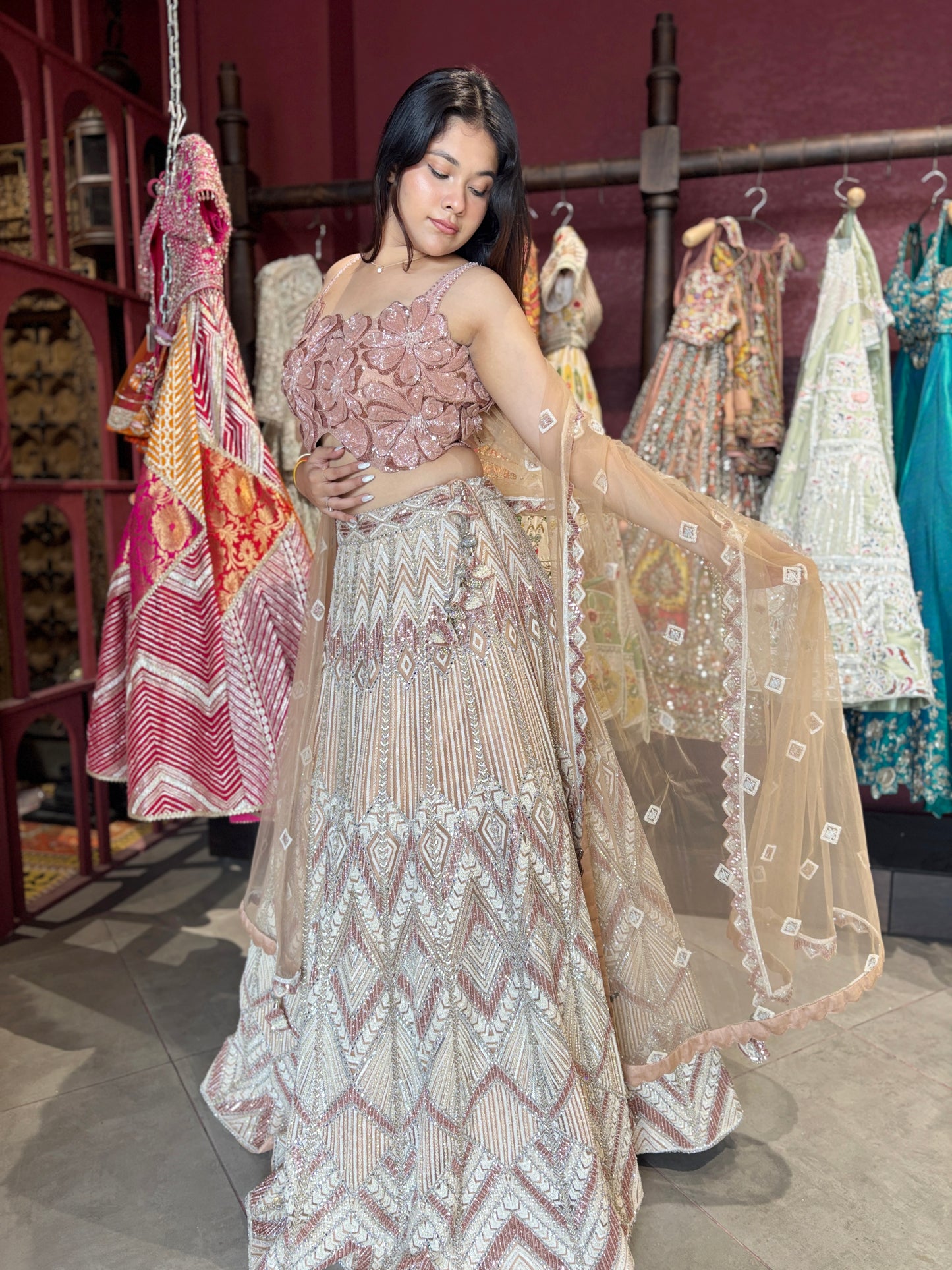 Blush Rose Gold Geometric Embroidered Designer Lehenga Set
